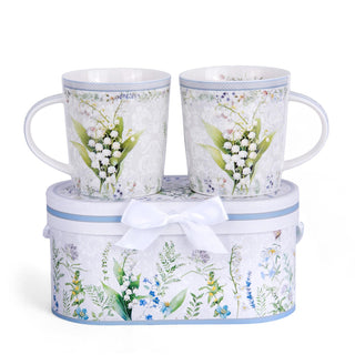 STP GOODS Blue Flowers Bone China Tea/Coffee Mug Set of 2 in Gift Box