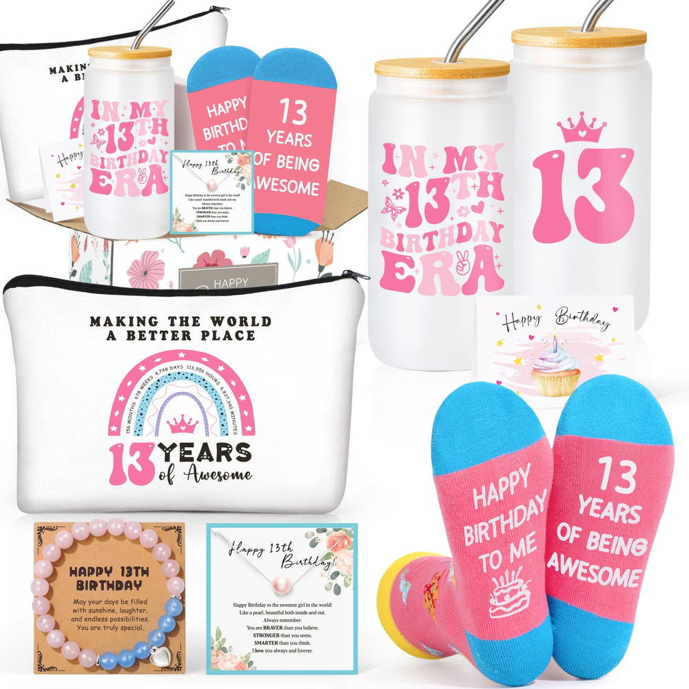 Frerdui 10 Year Old Girl Gifts, 10th Birthday Gifts for Girls, Double Digits Birthday Gift Set for Girls Age 10, Best Gift Ideas for 10 Year Old w/ 16oz Glass Cup, 6 Pcs