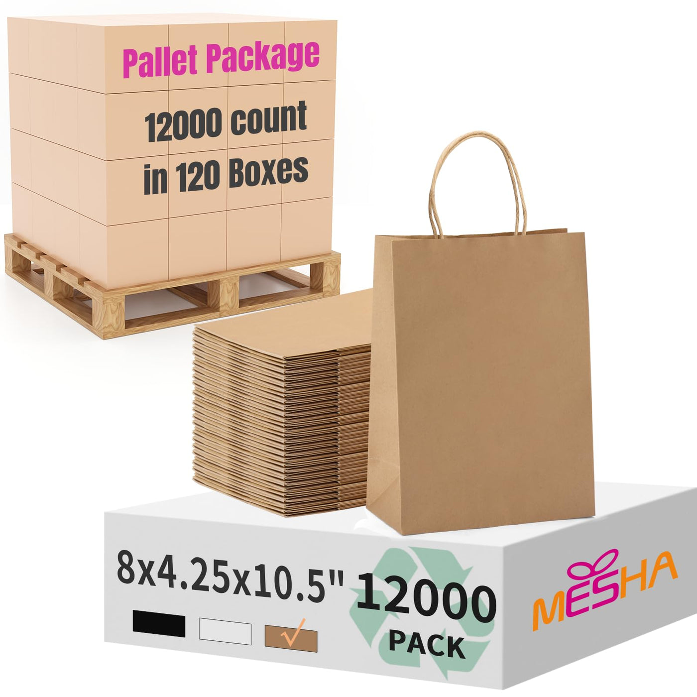 MESHA Brown Paper Bags 8x4.25x10.5 Inch 20Pcs, Paper Bags with Handles, Sturdy Brown Gift Bags for Retail, Birthday Party Favors, Shopping, Small Business (Made in USA)