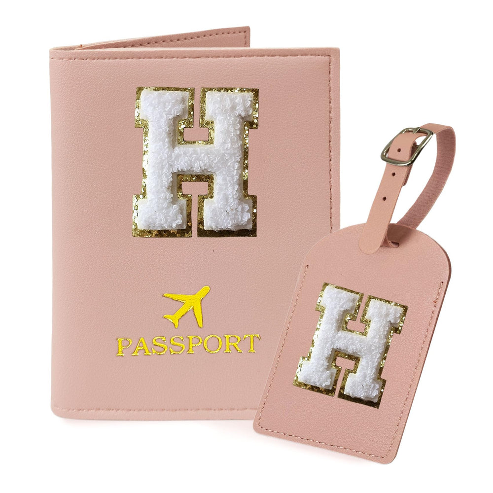 COSHAYSOO Purple Passport Cover Holder and Initial Luggage Tag Set TSA Approved with Personalized Monogram Chenille Letter Patch for Women Teen Girls, Cute Travel Bag Suitcase Identifier (A)