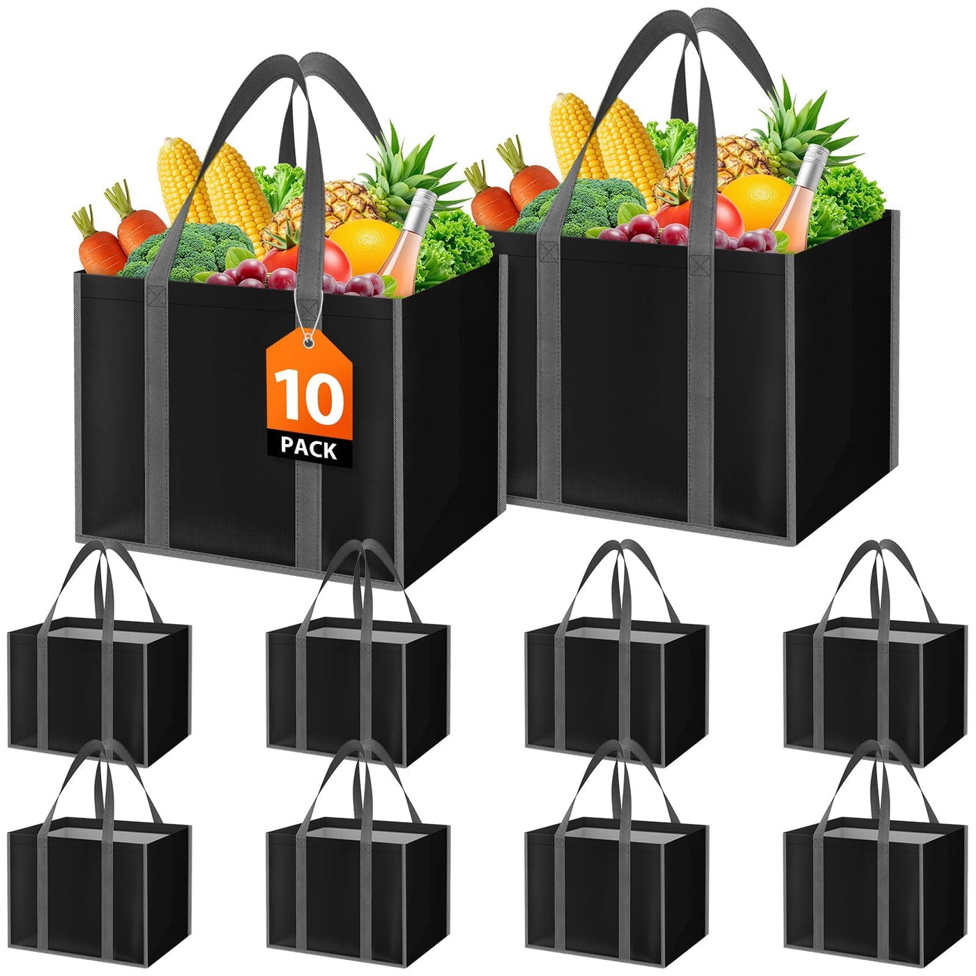 WISELIFE Reusable Grocery Bags with Handles - 3 Pack, 35L Large Shopping Bags for Groceries, Water-Resistant & Foldable Grocery Totes for Lasting Use for Kitchen, Market, Car Trunk, Picnic (Gray)