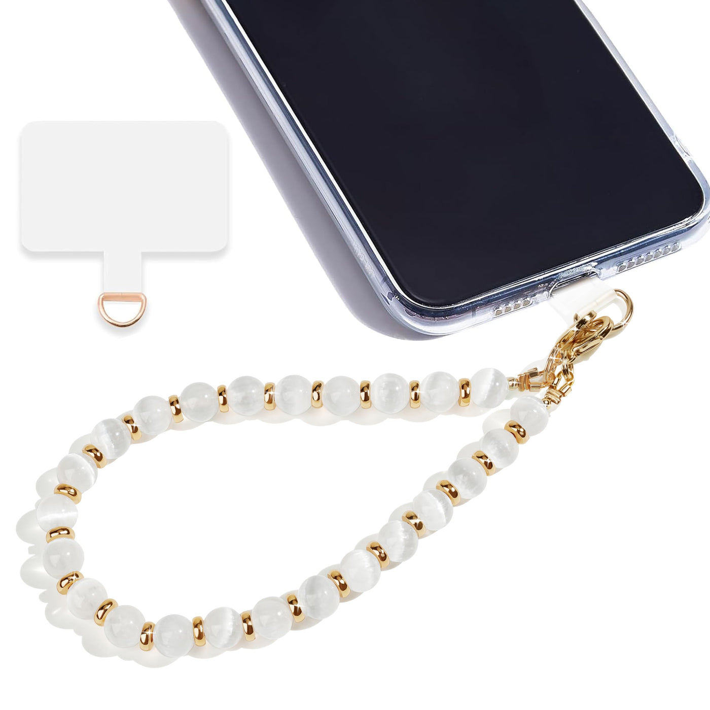 Marble Beaded Phone Wrist Strap,Detachable Phone Bracelet Strap with Tether Tab,Hands-Free Wristlet Strap (Rose Quartz)