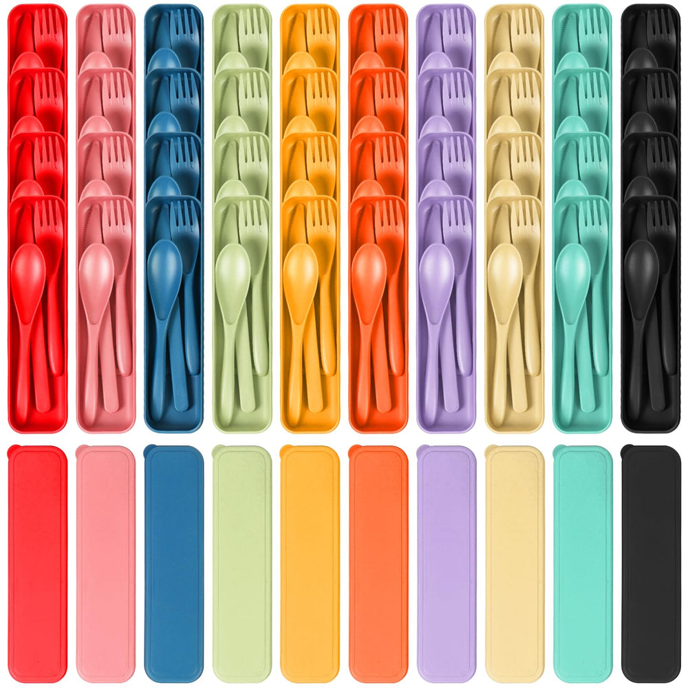 Reusable Travel Utensils Set with Case, 4 Sets Wheat Straw Portable Knife Fork Spoons Tableware, Eco-Friendly BPA Free Cutlery for Kids Adults Picnic Camping Utensils(Green, Beige, Pink, Blue)