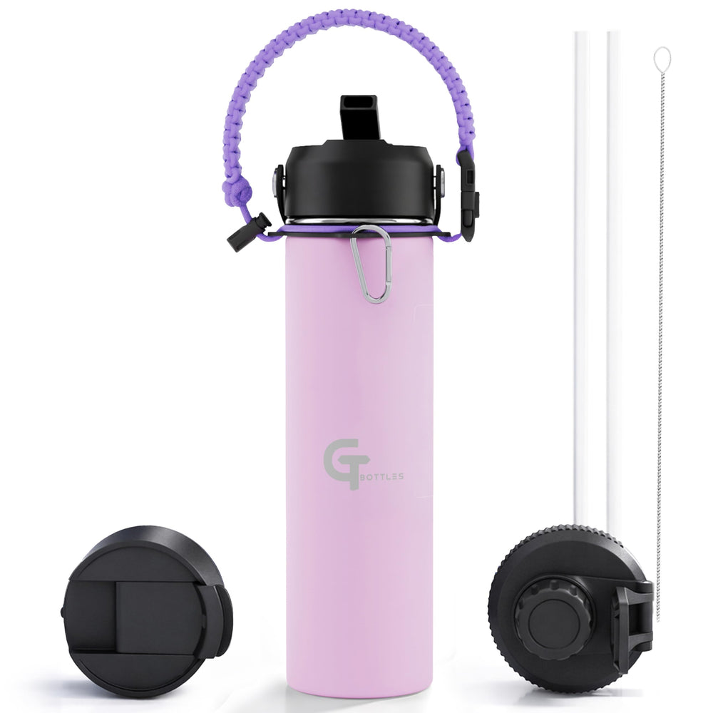 32oz Insulated Stainless Steel Water Bottle with 3 Lids & Paracord Handle – Leakproof Wide Mouth Metal Sports Bottle for Gym, School & Travel (White, 32oz)