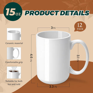 Joyclub Graduation Gifts 12 Set Sublimation Mugs Blank 15 oz Coffee Mugs Bulk White Ceramic Cups with Handle Tazas Para Sublimar for Coffee Latte Tea Milk Soup DIY Gifts