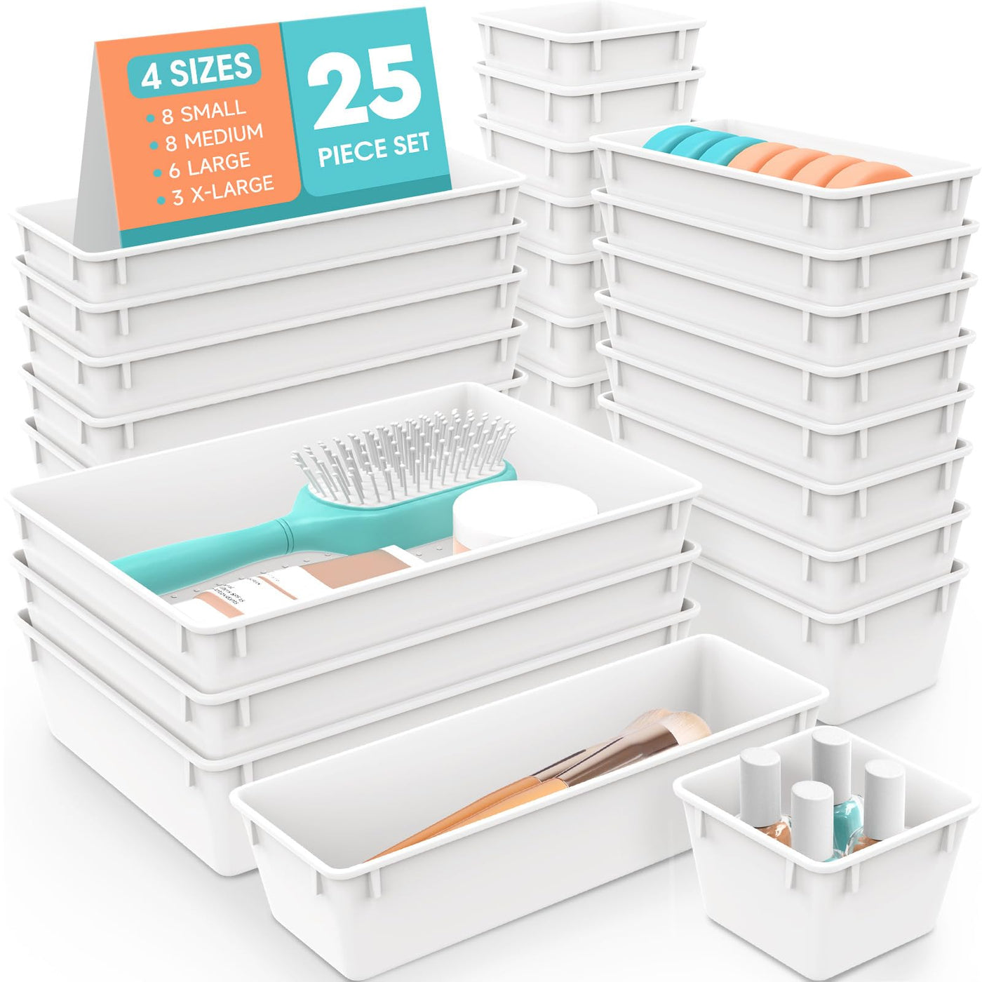 WOWBOX 25 PCS Clear Plastic Drawer Organizer Set, 4 Sizes Desk Drawer Divider Organizers and Storage Bins for Makeup, Jewelry, Gadgets for Kitchen, Bedroom, Bathroom, Office