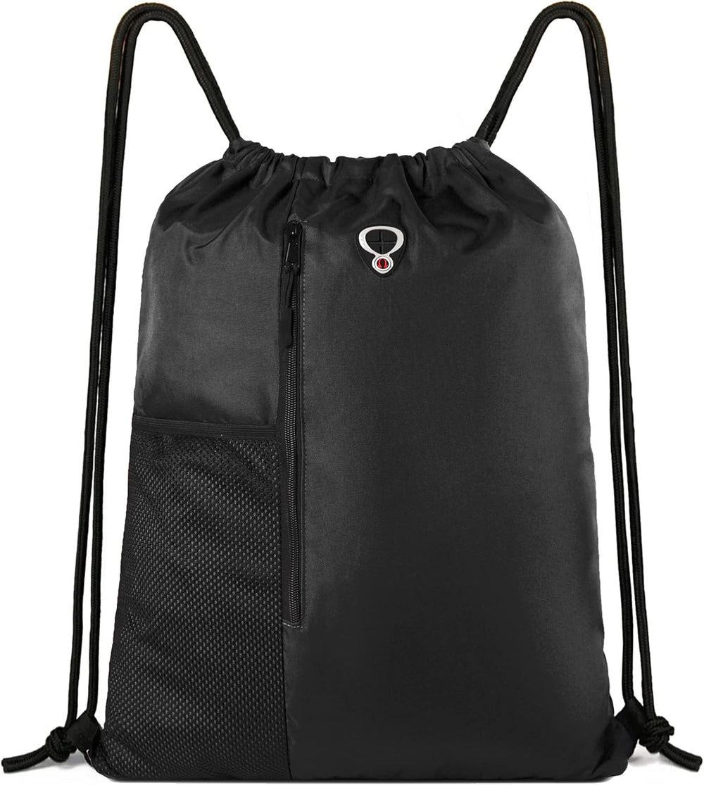 BeeGreen Black Drawstring Backpack Gym Bag For Men Women String Sports Backpack With Water Bottle Mesh Pockets And 2 Zippered Pocket Large Cinch Sackpack Workout Bag 16" x 20"