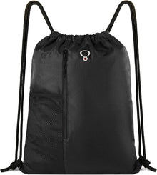 BeeGreen Black Drawstring Backpack Gym Bag For Men Women String Sports Backpack With Water Bottle Mesh Pockets And 2 Zippered Pocket Large Cinch Sackpack Workout Bag 16" x 20"