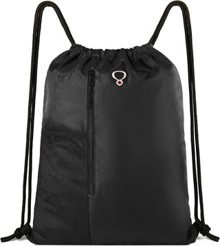 BeeGreen Black Drawstring Backpack Gym Bag For Men Women String Sports Backpack With Water Bottle Mesh Pockets And 2 Zippered Pocket Large Cinch Sackpack Workout Bag 16" x 20"