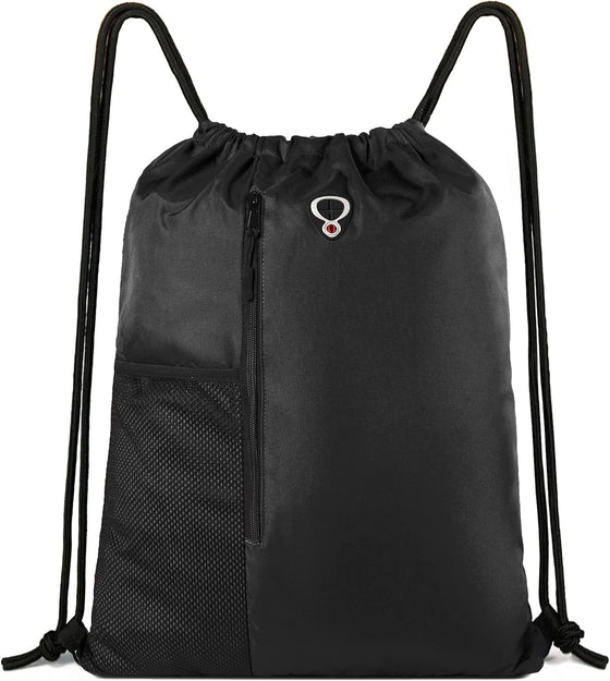 BeeGreen Black Drawstring Backpack Gym Bag For Men Women String Sports Backpack With Water Bottle Mesh Pockets And 2 Zippered Pocket Large Cinch Sackpack Workout Bag 16" x 20"
