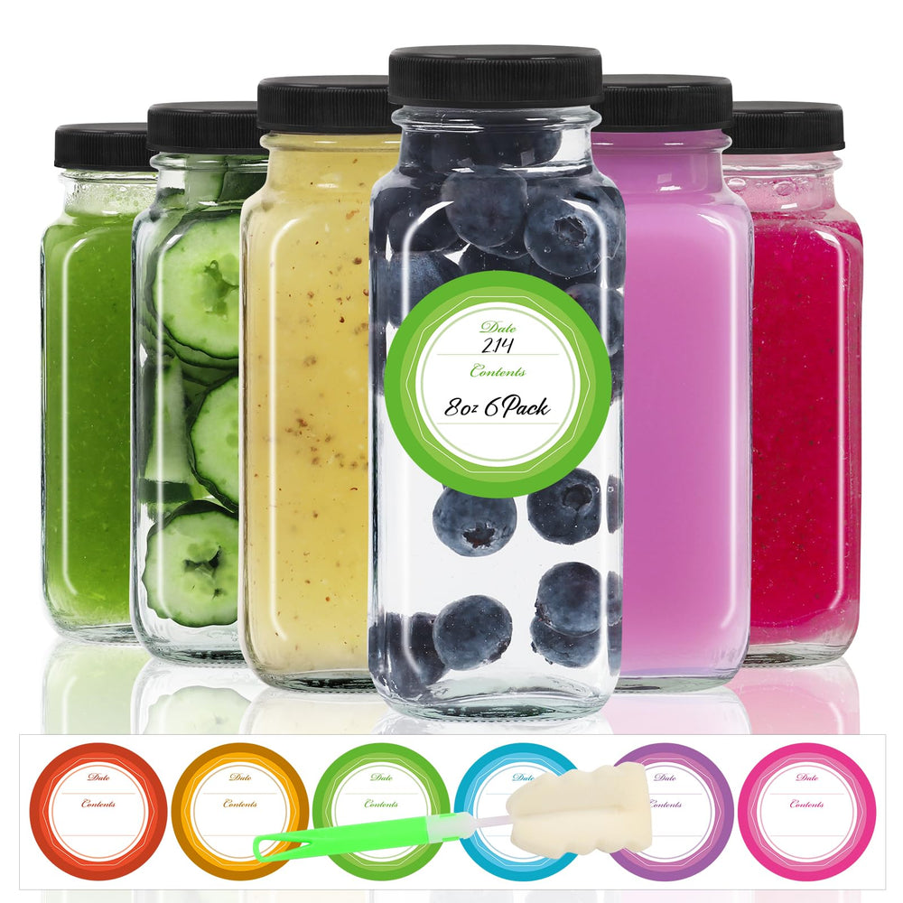 STARSIDE 8 oz 3 Pack Glass Juice Bottles with Lids - Square Reusable Drinking Jars for Juicing, Milk, Kombucha - Includes 1 Bottle Brush, 6 Colored Labels