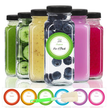 STARSIDE 8 oz 3 Pack Glass Juice Bottles with Lids - Square Reusable Drinking Jars for Juicing, Milk, Kombucha - Includes 1 Bottle Brush, 6 Colored Labels