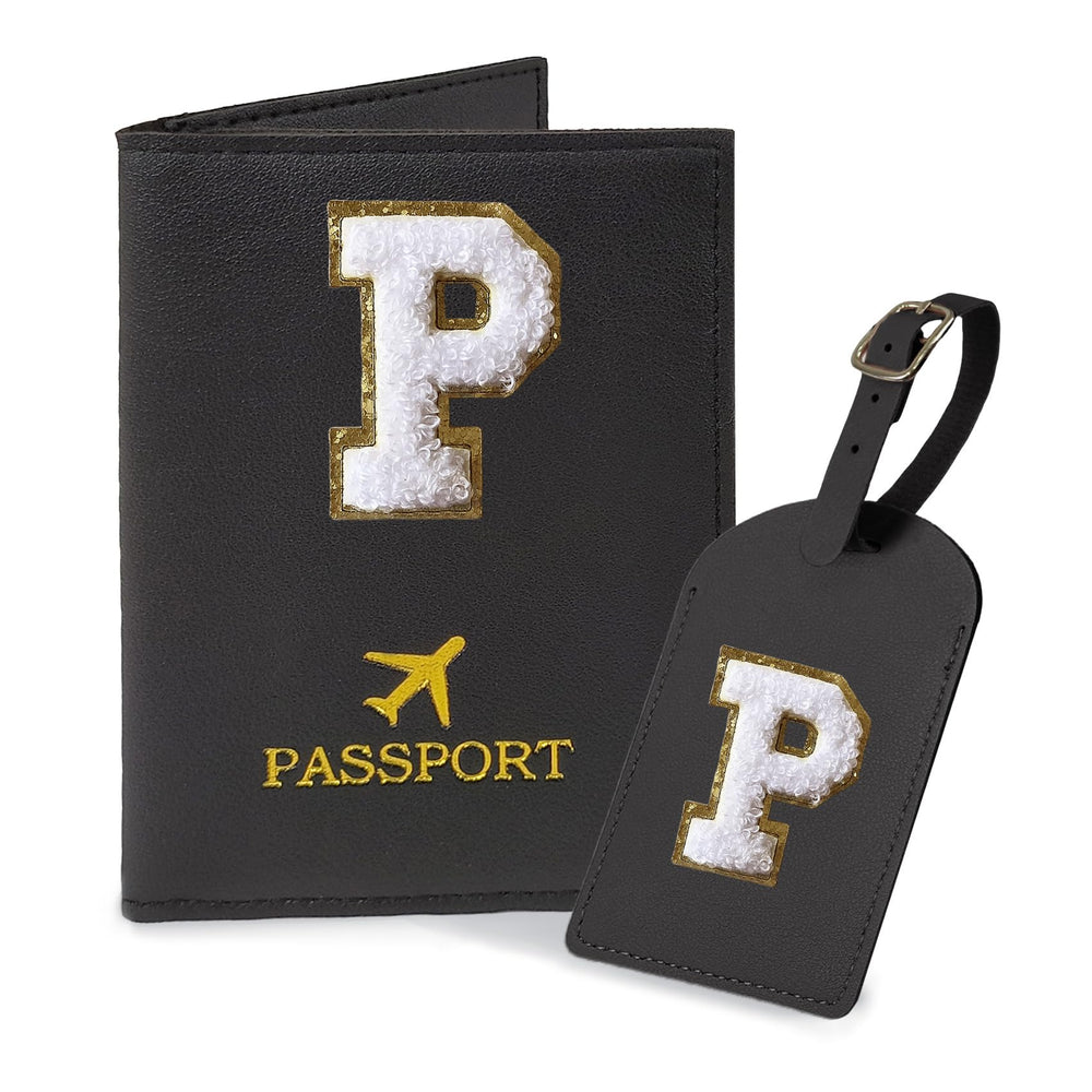 COSHAYSOO Purple Passport Cover Holder and Initial Luggage Tag Set TSA Approved with Personalized Monogram Chenille Letter Patch for Women Teen Girls, Cute Travel Bag Suitcase Identifier (A)