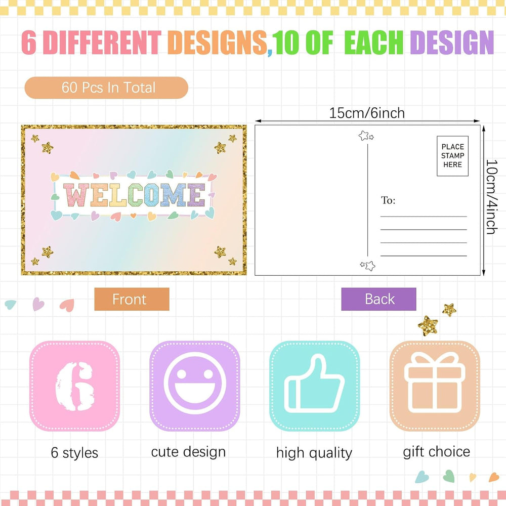 Gilprop 60 Pcs Pastel Checkerboard Welcome Postcards 4 x 6 Inches Hello Postcards Welcome Back to School Cards Welcome to Class Post Cards Blank Postcards for Kids Adults Teacher Students Team