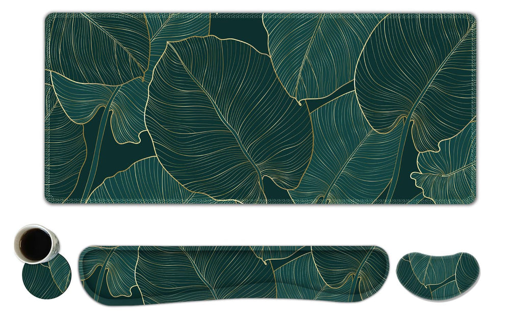 ToLuLu Extended Gaming Mouse Pad, Memory Foam Ergonomic Keyboard Mouse Wrist Rest Support Set, Large Desk Mat with Stitched Edges, Non-Slip Base Mousepad for Home Office Game and Study, Green Theme