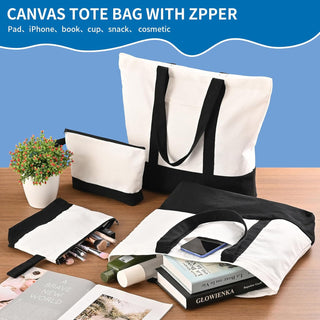 16 Pcs Canvas Tote Bags Bulk and Makeup Pouches Set, 12oz Cotton Reusable Zippered Grocery Bags with Handles, DIY Sublimation, Christmas Craft, Beach & Travel with External Pocket (Women & Men)