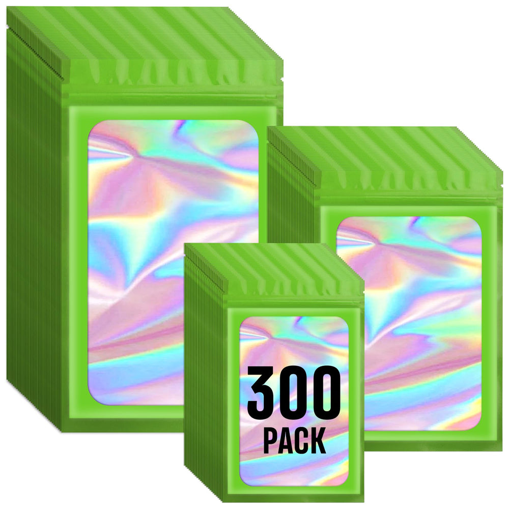 Funfery 300 Pack 3 Size Mylar Holographic Bags with Clear Window,Resealable Bag Smell Proof Bags Zipper Foil Baggie Packaging Pouch for Food Storage,Sample,Small Business(Black,3x4.7,4x6,4.7x7.9in)