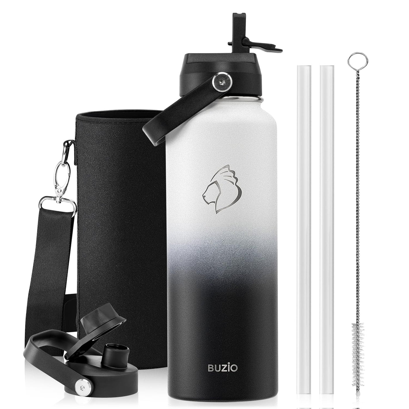 BUZIO 40oz Insulated Water Bottle, Triple Wall Vacuum Stainless Steel Water Flask with 2 lids, Lead-Free BPA-Free Straw Lid Sports Canteen Jug, Cold 48H & Hot 24H- Black