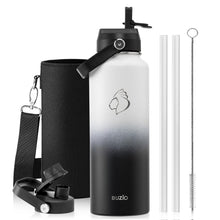 BUZIO 40oz Insulated Water Bottle, Triple Wall Vacuum Stainless Steel Water Flask with 2 lids, Lead-Free BPA-Free Straw Lid Sports Canteen Jug, Cold 48H & Hot 24H- Black