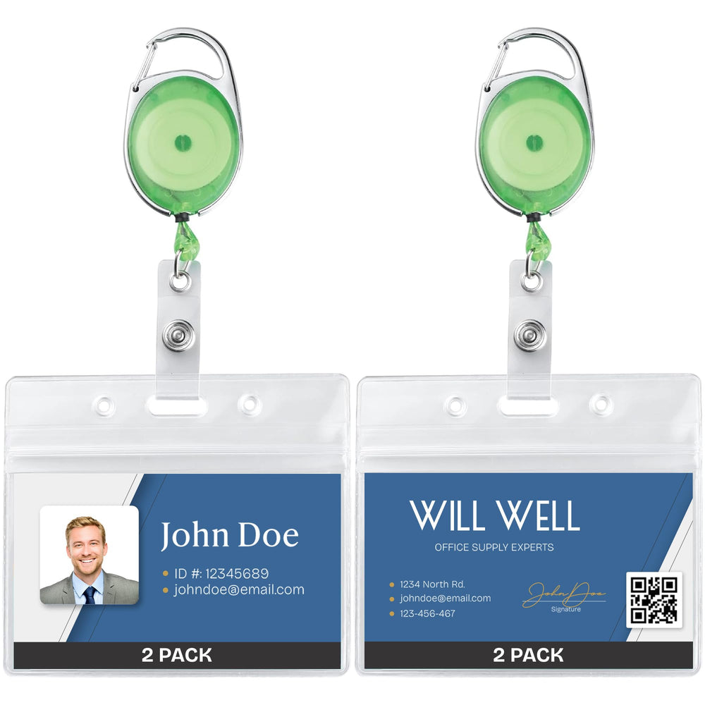 Will Well ID Badge Holders with Clip and Keyring - Vertical Clear Plastic 2.52" x 3.58" Sleeves Fit Up to 3 Cards - Retractable 24" UHMWPE Fiber Pull Cords for Easy Access - 2-Pack, Black Reels