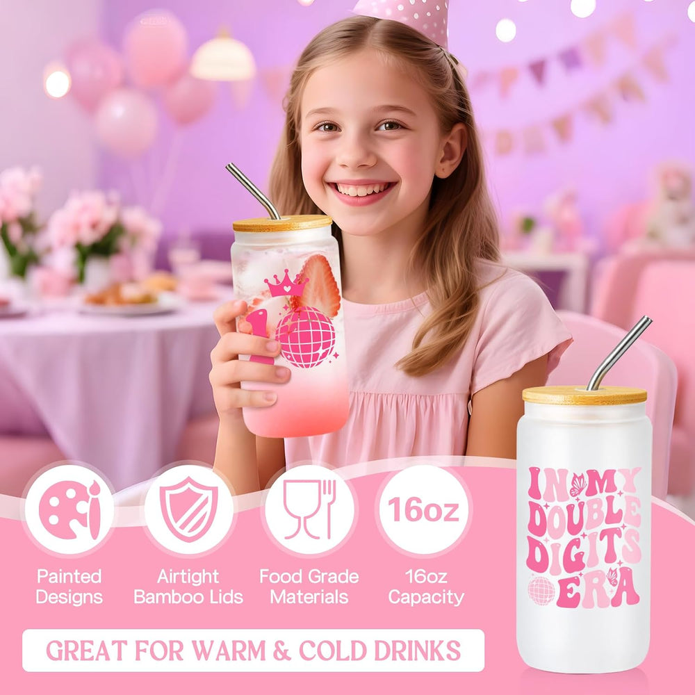 Frerdui 10 Year Old Girl Gifts, 10th Birthday Gifts for Girls, Double Digits Birthday Gift Set for Girls Age 10, Best Gift Ideas for 10 Year Old w/ 16oz Glass Cup, 6 Pcs