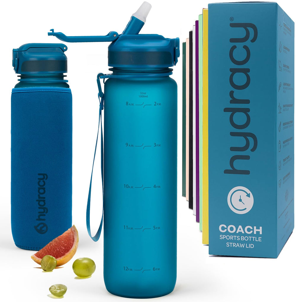 Hydracy Water Bottle with Time Marker -Large BPA Free Water Bottle & No Sweat Sleeve -Leak Proof Gym Bottle with Times to Drink - Ideal for Fitness Sports & Outdoors