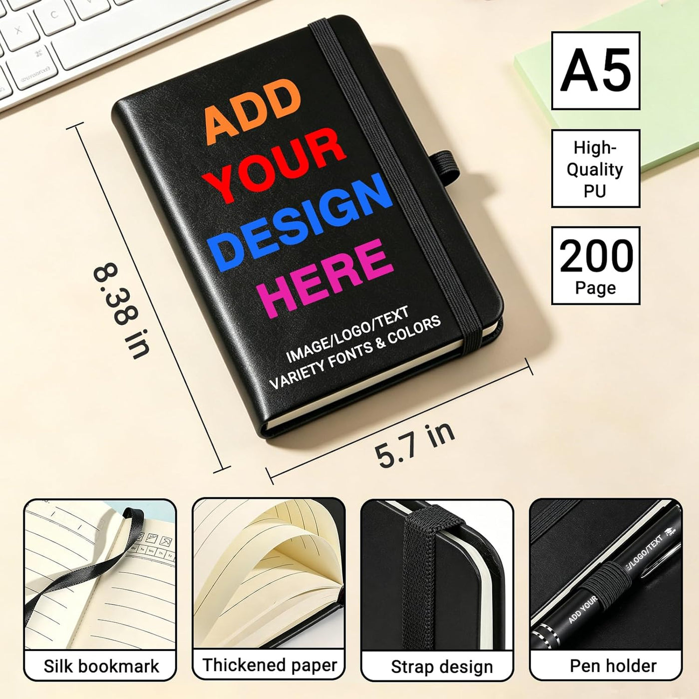 KMH Personalized Notebook and Pen Set, A5 200 Pages Lined Journal Bulk Custom Notebook with Photo Text LOGO for Work, School & Note Taking