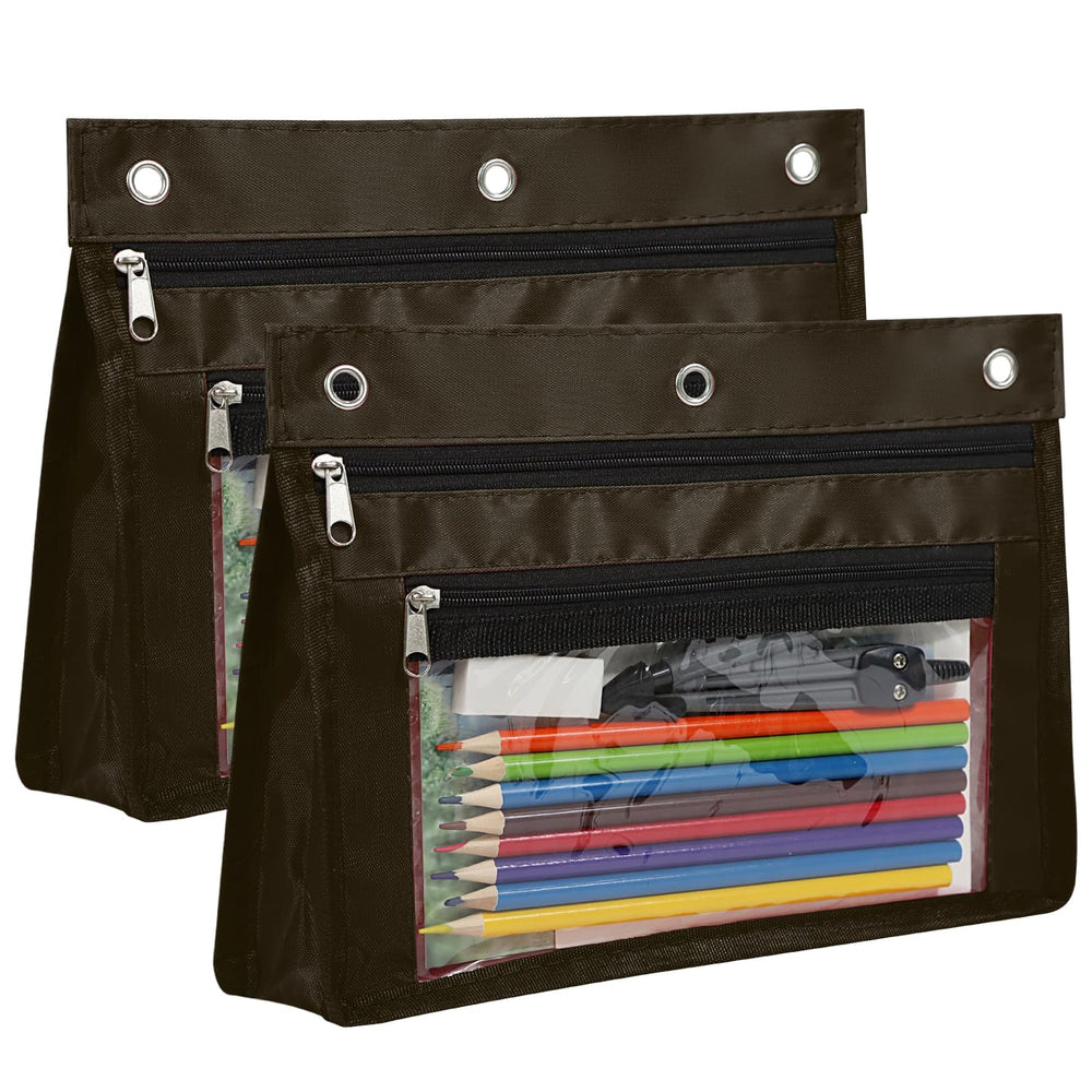 YoeeJob 2 Pack 1 Inch Expandable Zipper Pencil Pouches with Clear Window for 3 Ring Binder, Suitable for School & Office (Grey)