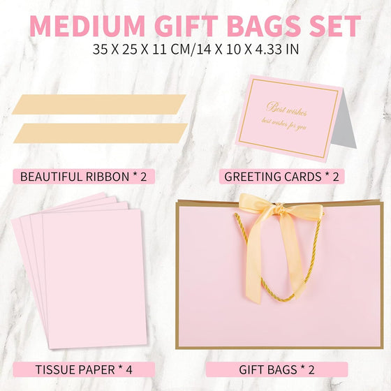 woric Pink Gift Bags with Handles, 14" Medium Gift Bags with Tissue Paper, 2 Pcs Pink Bags with 4 Tissue Paper and 2 Cards for Baby Shower Wedding Bridal Shower Graduation Birthday Party - hover image