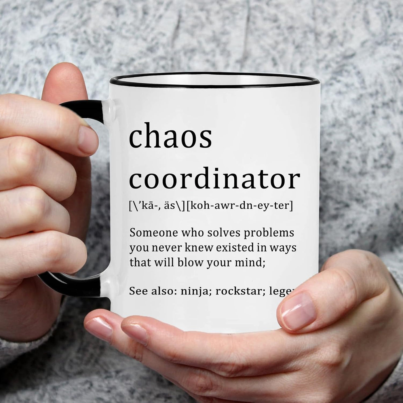 Chaos Coordinator Mug - Office Gift for Boss, Coworkers, Women, Friends - Funny Coffee Mug for Christmas, White Elephant - 11 Ounce Black Handle