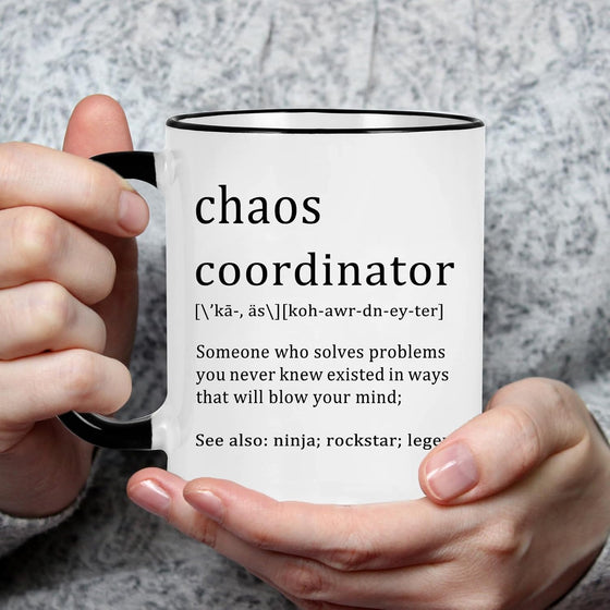 Chaos Coordinator Mug - Office Gift for Boss, Coworkers, Women, Friends - Funny Coffee Mug for Christmas, White Elephant - 11 Ounce Black Handle - hover image