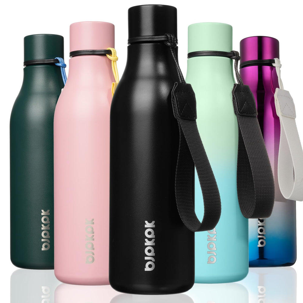 BJPKPK Insulated Water Bottles, 18 oz Stainless Steel Metal Water Bottle with Strap, BPA Free Leak Proof Jugs, Mugs, Flasks, Reusable Thermal Flasks for Sports & Travel, Orange