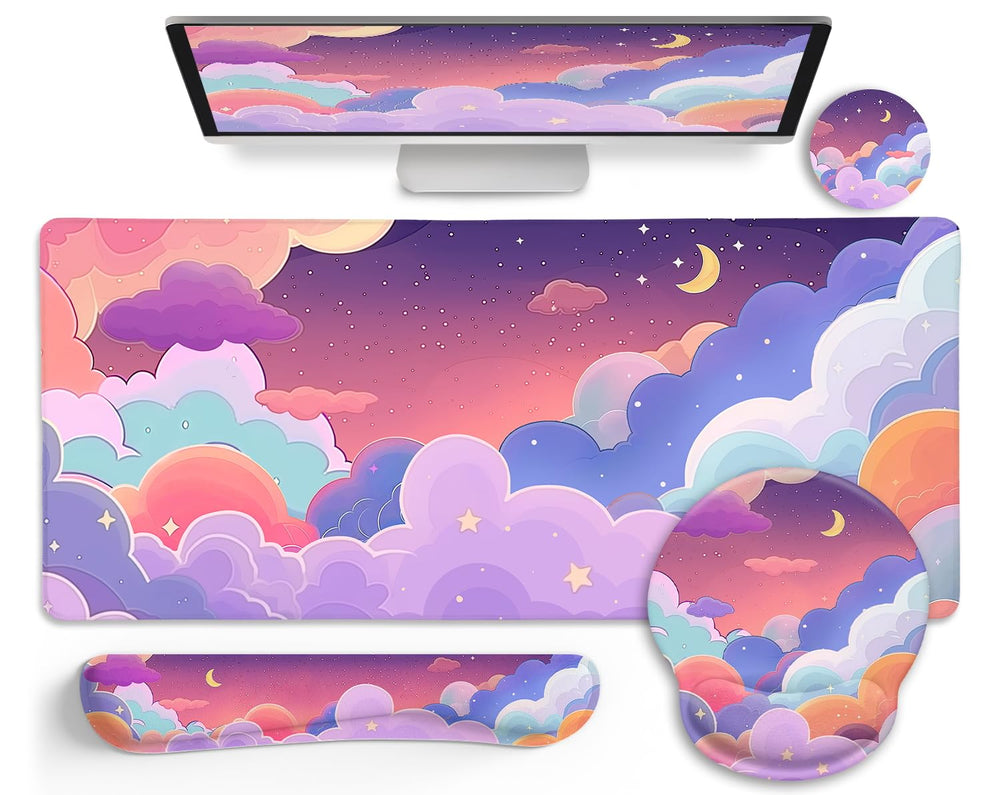 LIMKRIAN Desk Mat Set, Large Gaming Mouse Pad with Wrist Rest, Ergonomic Mouse Pad Keyboard Mat Wrist Support, Cup Coaster, Home Office Desk Accessories Decor Supplies, Funny Black Cat