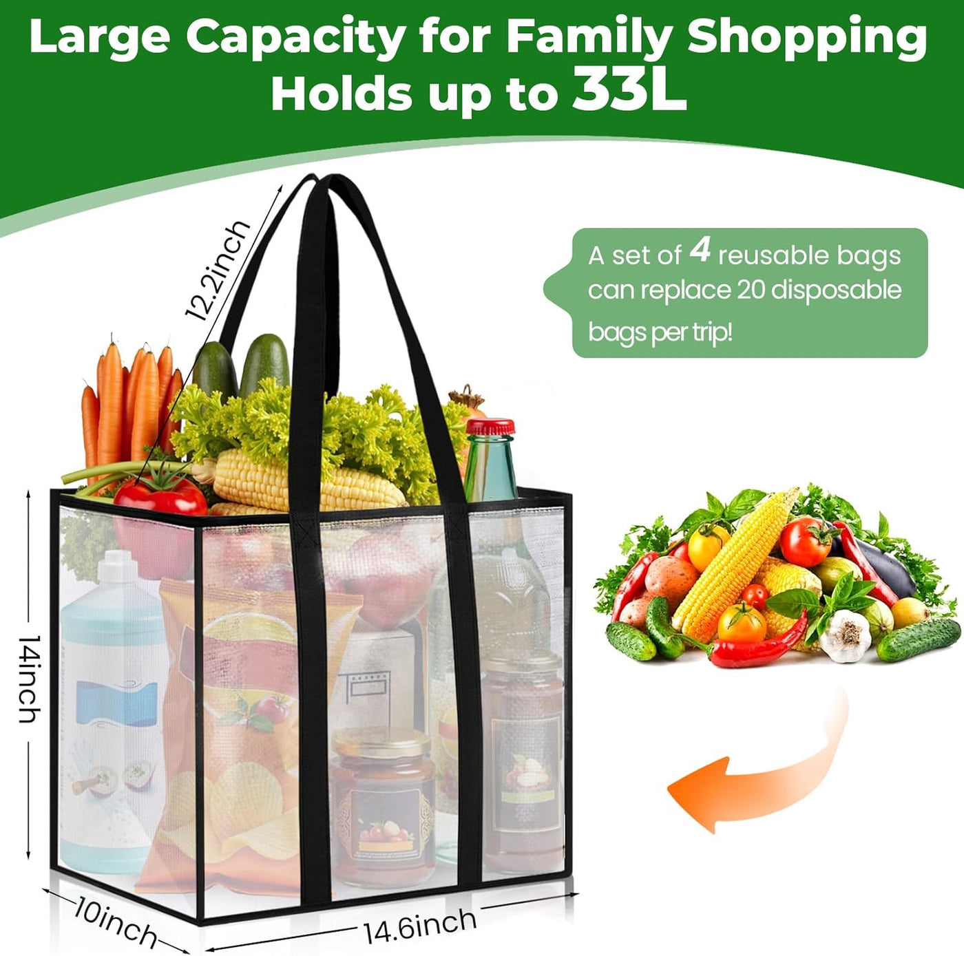 4 Pack Reusable Grocery Bags, Heavy-Duty Shopping Bags with Sturdy Handles, Water-Resistant & Foldable Organizer, Shopping Bags for Groceries, Market, Car Trunk, Multi-Purpose, 33L