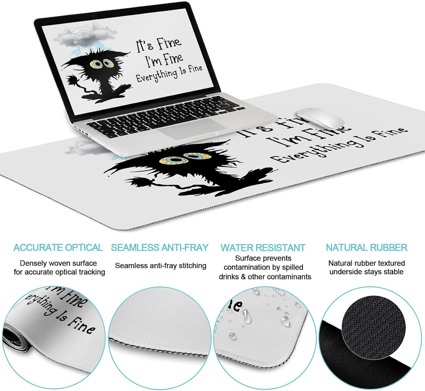 LIMKRIAN Desk Mat Set, Large Gaming Mouse Pad with Wrist Rest, Ergonomic Mouse Pad Keyboard Mat Wrist Support, Cup Coaster, Home Office Desk Accessories Decor Supplies, Funny Black Cat