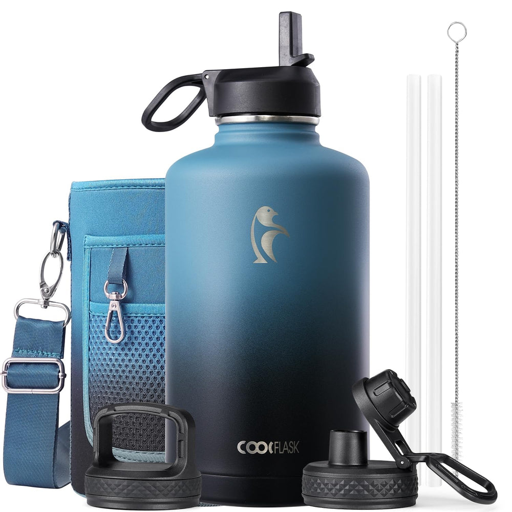 Water Bottle 40 oz Insulated with Straw&Brush, Coolflask Vaccum Stainless Steel Metal 3 Lids Water Flask for Sports, Gym or Office, Keep Cold 48H Hot 24H, Magic Black