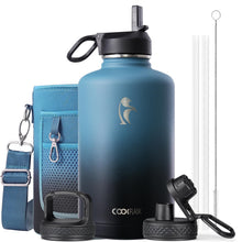 Water Bottle 40 oz Insulated with Straw&Brush, Coolflask Vaccum Stainless Steel Metal 3 Lids Water Flask for Sports, Gym or Office, Keep Cold 48H Hot 24H, Magic Black