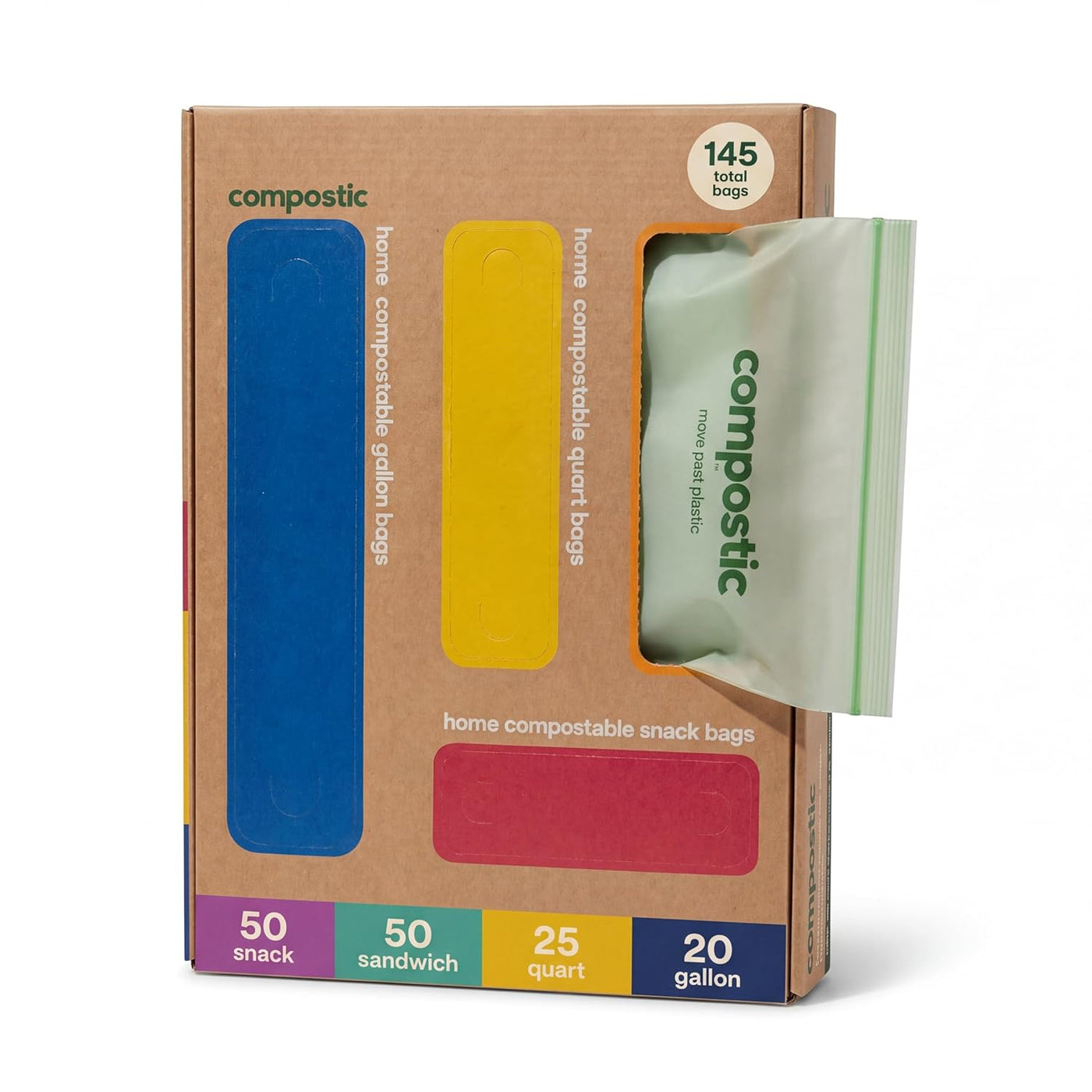 Compostic Compostable Sandwich Bags, Snack Bags, Quart & Gallon Food Storage Bags Variety Pack (145 Count) — Resealable Zip-Seal, Plant-Based, Freezer & Microwave Safe, Non-Toxic, BPA-Free, GMO-Free