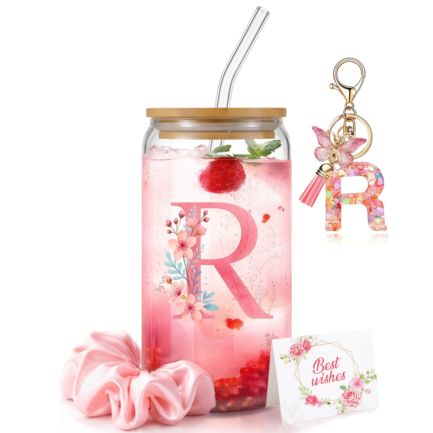 Personalized Initial Glass Cup Gift Set for Women, Custom Monogram Cup with Lid and Straw, Matching Keychain & Card, Bridesmaid or Birthday Gift for Women Friend Sister (Letter S)