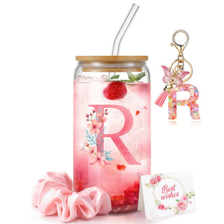 Personalized Initial Glass Cup Gift Set for Women, Custom Monogram Cup with Lid and Straw, Matching Keychain & Card, Bridesmaid or Birthday Gift for Women Friend Sister (Letter S)