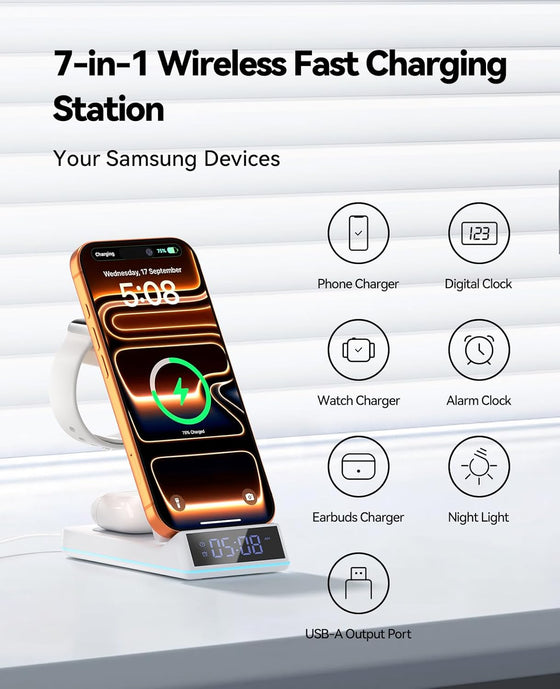 2026 Upgraded Wireless Charging Station, 7 in 1 Wireless Charger Station Foldable Charger Stand with Night Light/Alarm Clock for iPhone 17-12 Pro Max Plus, Apple Watch, AirPods Gifts for Fathers Day - hover image