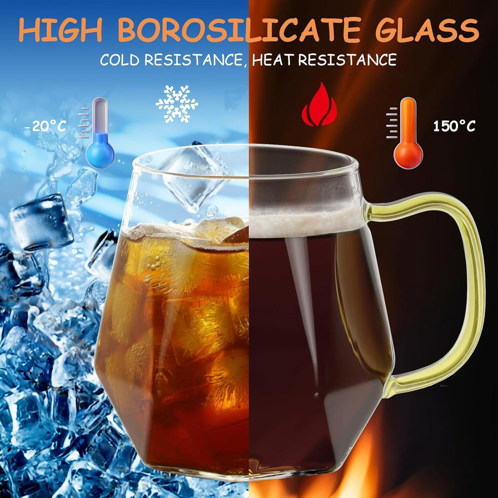 Glass Coffee Mugs with Gold Handle, Set of 2 Clear Geometric Glass Cups, 12 oz / 350 ml, Heat Resistant, Perfect for Latte, Cappuccino, Tea, Espresso Juice, Cocktails, Modern Kitchen & Barware