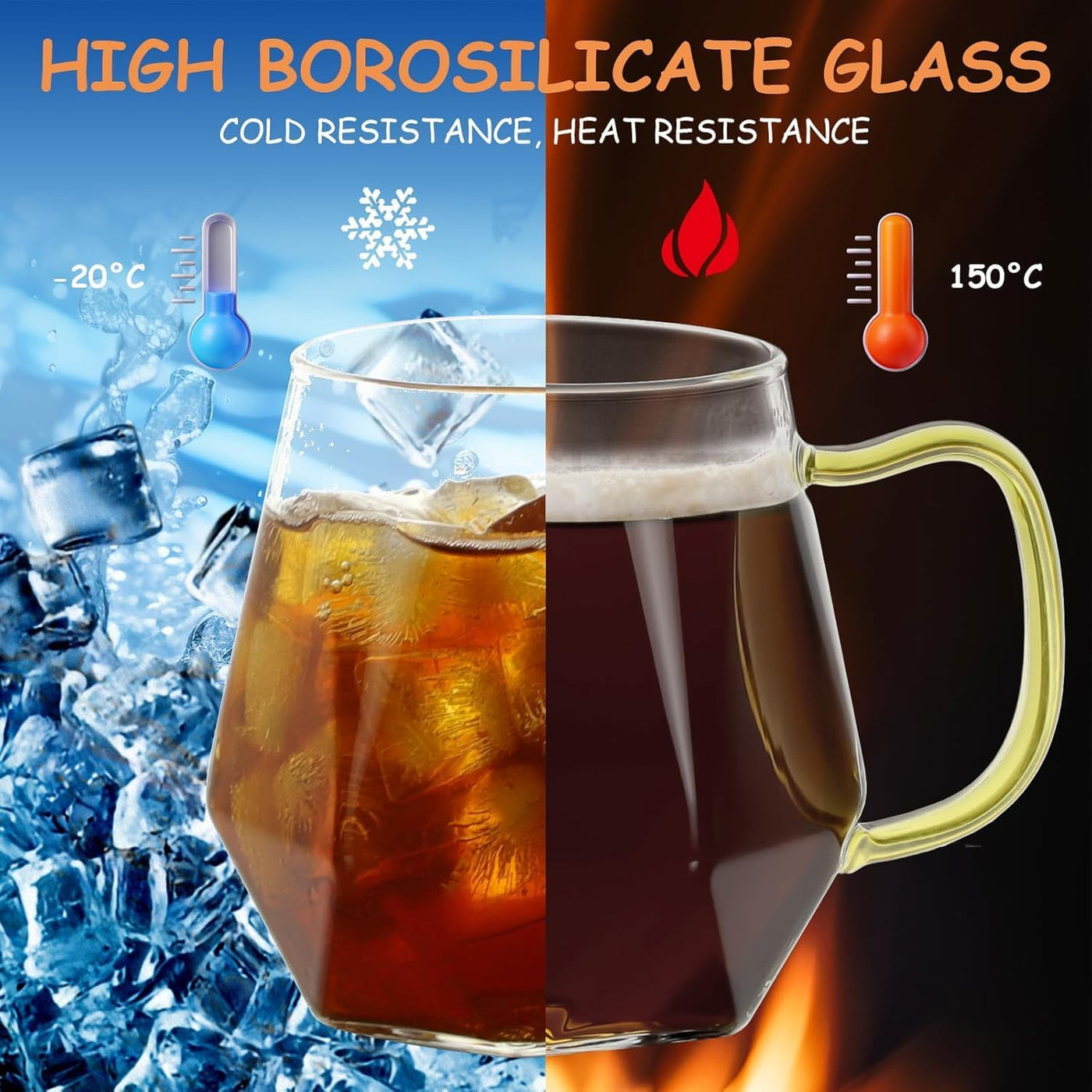 Glass Coffee Mugs with Gold Handle, Set of 2 Clear Geometric Glass Cups, 12 oz / 350 ml, Heat Resistant, Perfect for Latte, Cappuccino, Tea, Espresso Juice, Cocktails, Modern Kitchen & Barware