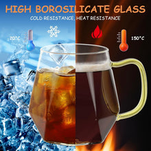 Glass Coffee Mugs with Gold Handle, Set of 2 Clear Geometric Glass Cups, 12 oz / 350 ml, Heat Resistant, Perfect for Latte, Cappuccino, Tea, Espresso Juice, Cocktails, Modern Kitchen & Barware