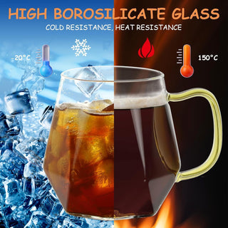 Glass Coffee Mugs with Gold Handle, Set of 2 Clear Geometric Glass Cups, 12 oz / 350 ml, Heat Resistant, Perfect for Latte, Cappuccino, Tea, Espresso Juice, Cocktails, Modern Kitchen & Barware