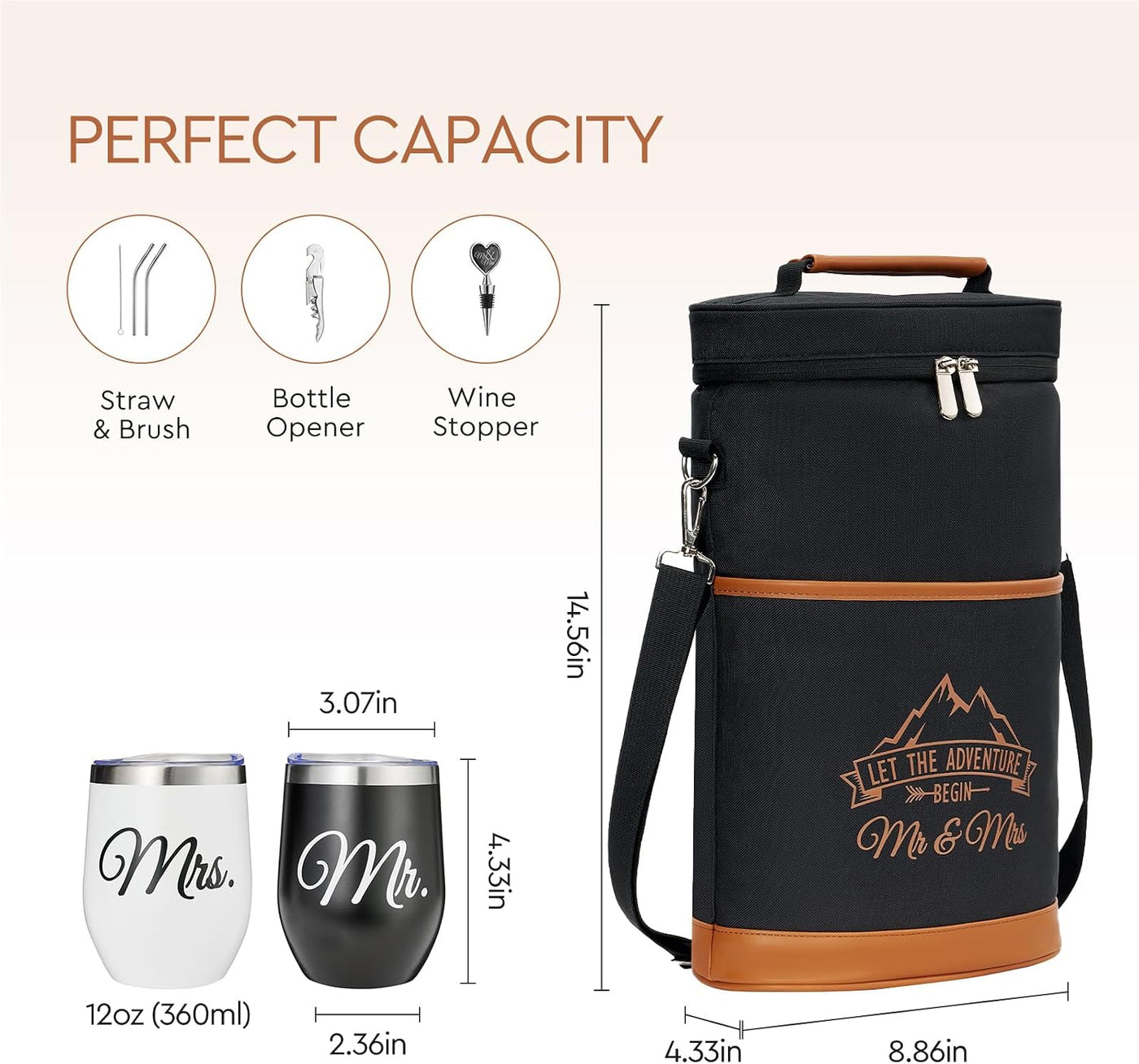 AW BRIDAL Mr and Mrs Gifts Bridal Shower Gifts His and Hers Gifts Wedding Gifts, Couple Engagement Gifts- Wine Gift Bag Wine Cooler Bag Insulated Wine Carrier Tote with Tumblers, Black C