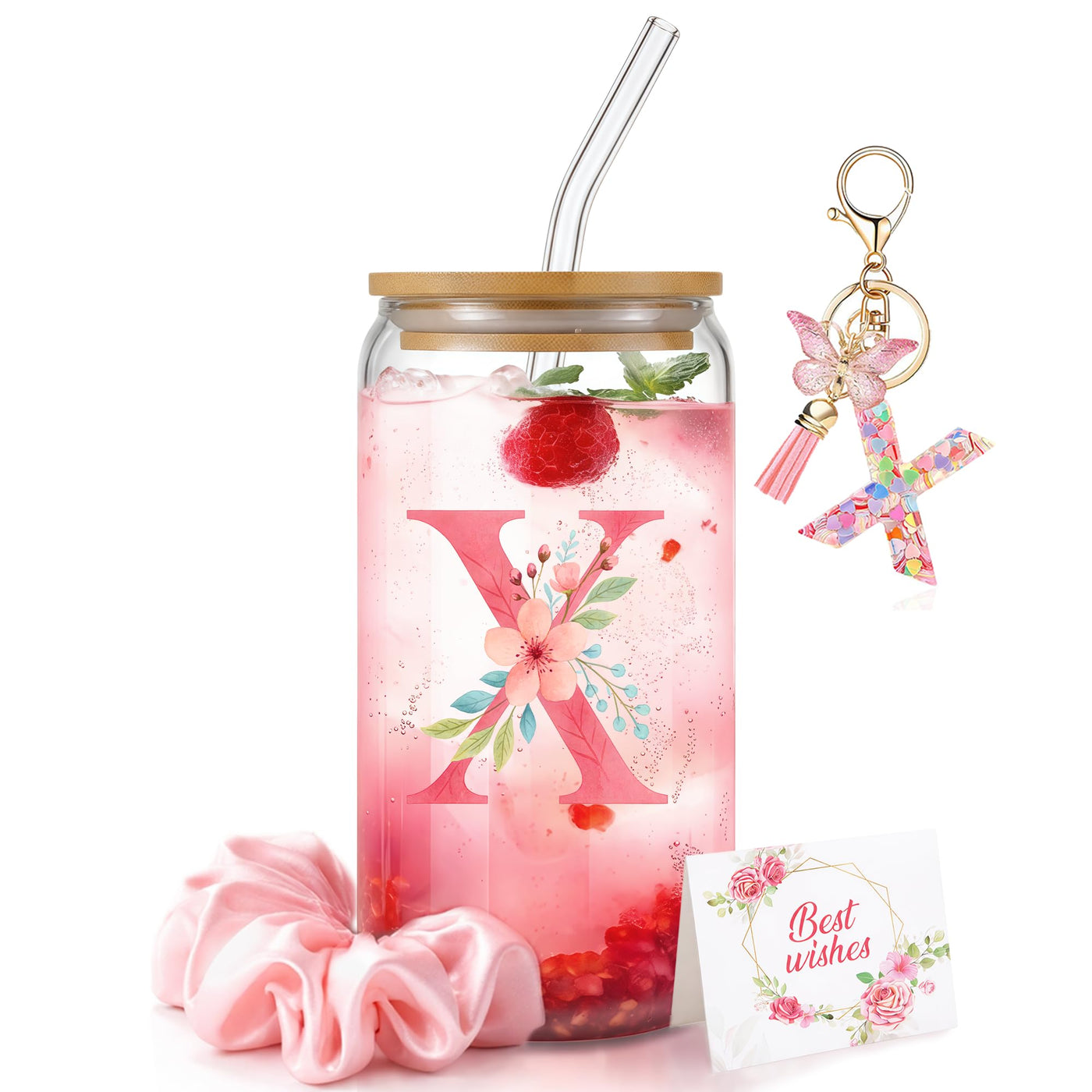 Personalized Initial Glass Cup Gift Set for Women, Custom Monogram Cup with Lid and Straw, Matching Keychain & Card, Bridesmaid or Birthday Gift for Women Friend Sister (Letter S)