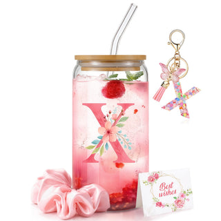 Personalized Initial Glass Cup Gift Set for Women, Custom Monogram Cup with Lid and Straw, Matching Keychain & Card, Bridesmaid or Birthday Gift for Women Friend Sister (Letter S)