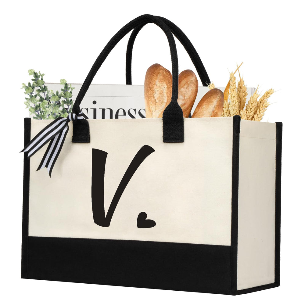 shenee Initial Canvas Tote Bag, Personalized Beach Jute Bag Present for Women Holiday,Friends Birthday Gift,Wedding, New Year