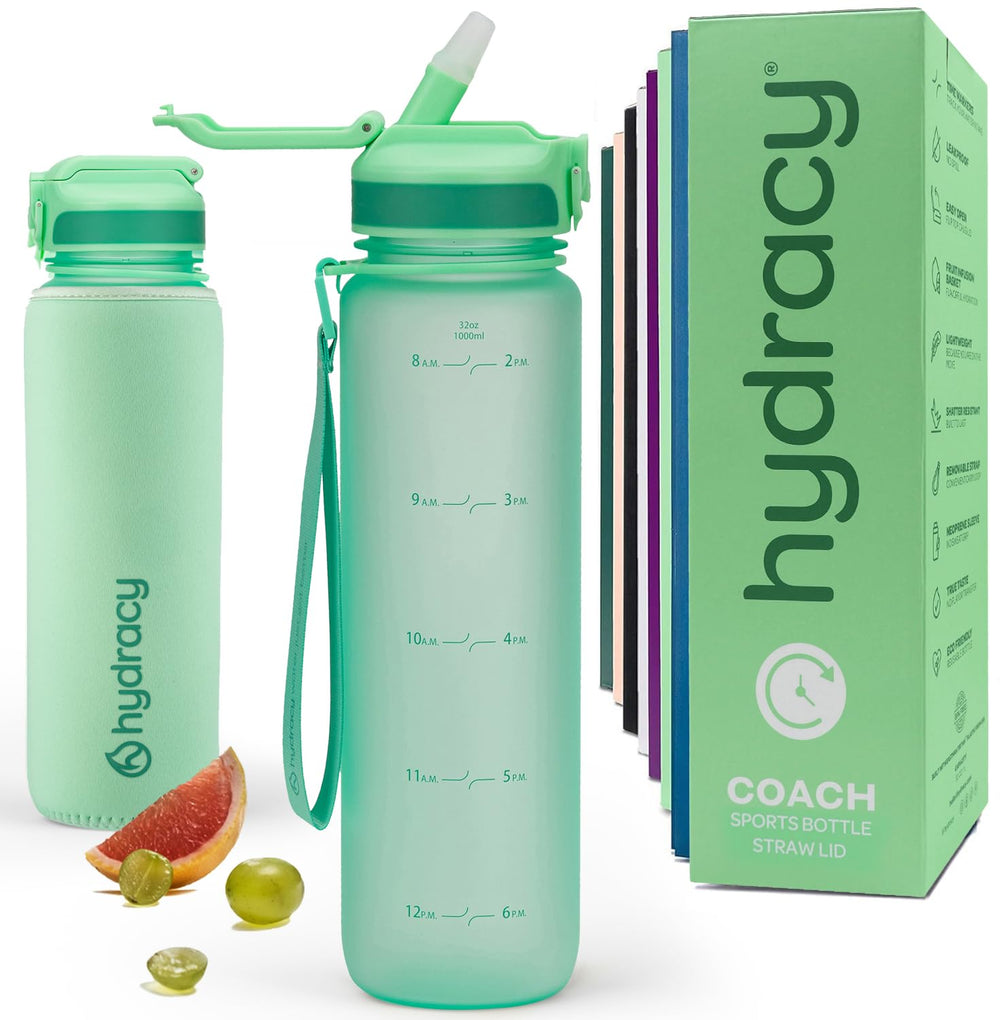 Hydracy Water Bottle with Time Marker -Large BPA Free Water Bottle & No Sweat Sleeve -Leak Proof Gym Bottle with Times to Drink - Ideal for Fitness Sports & Outdoors